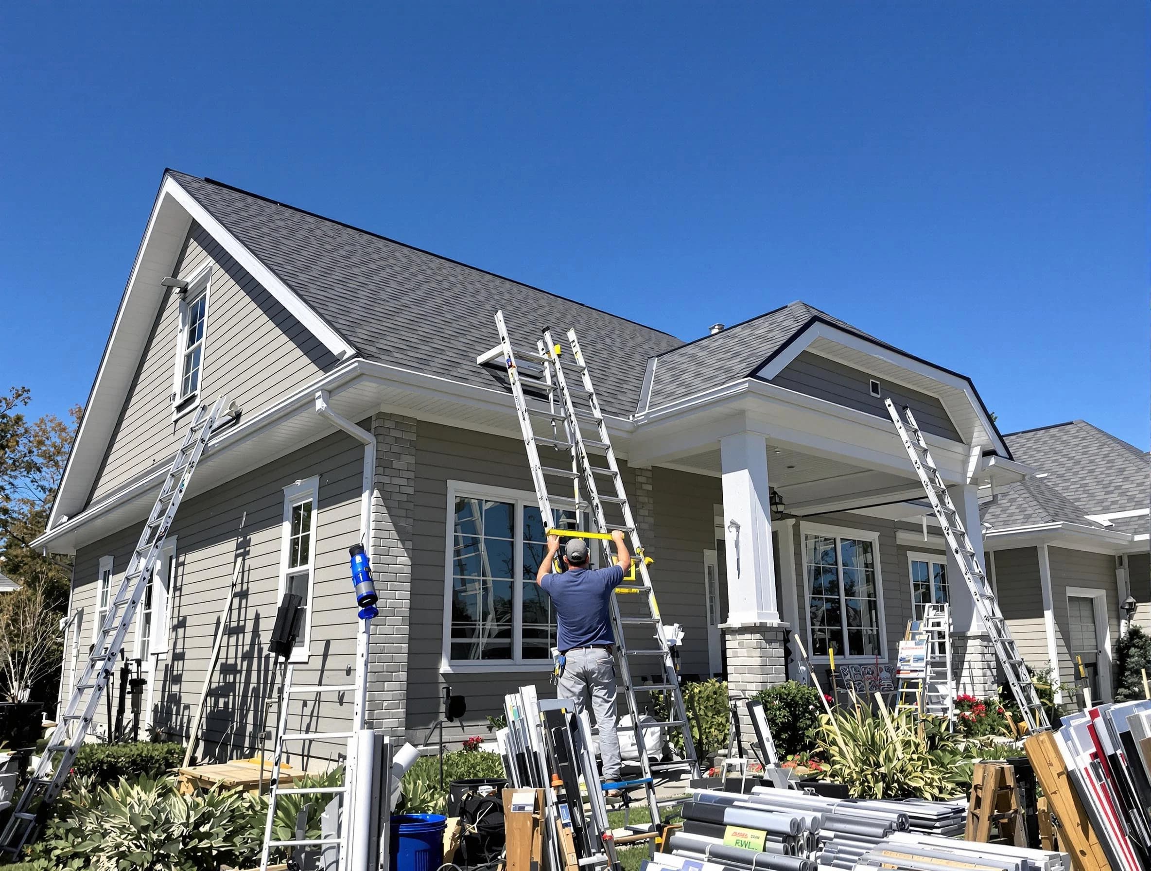 Wadsworth Roofing Company fitting rain gutters at a home in Wadsworth, OH